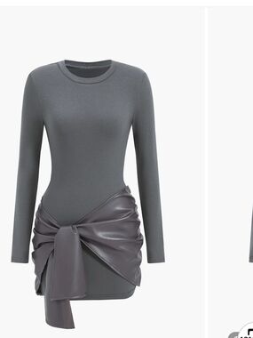 Gray Long-Sleeve Mini Dress with Faux-Wrap Detail Never Worn